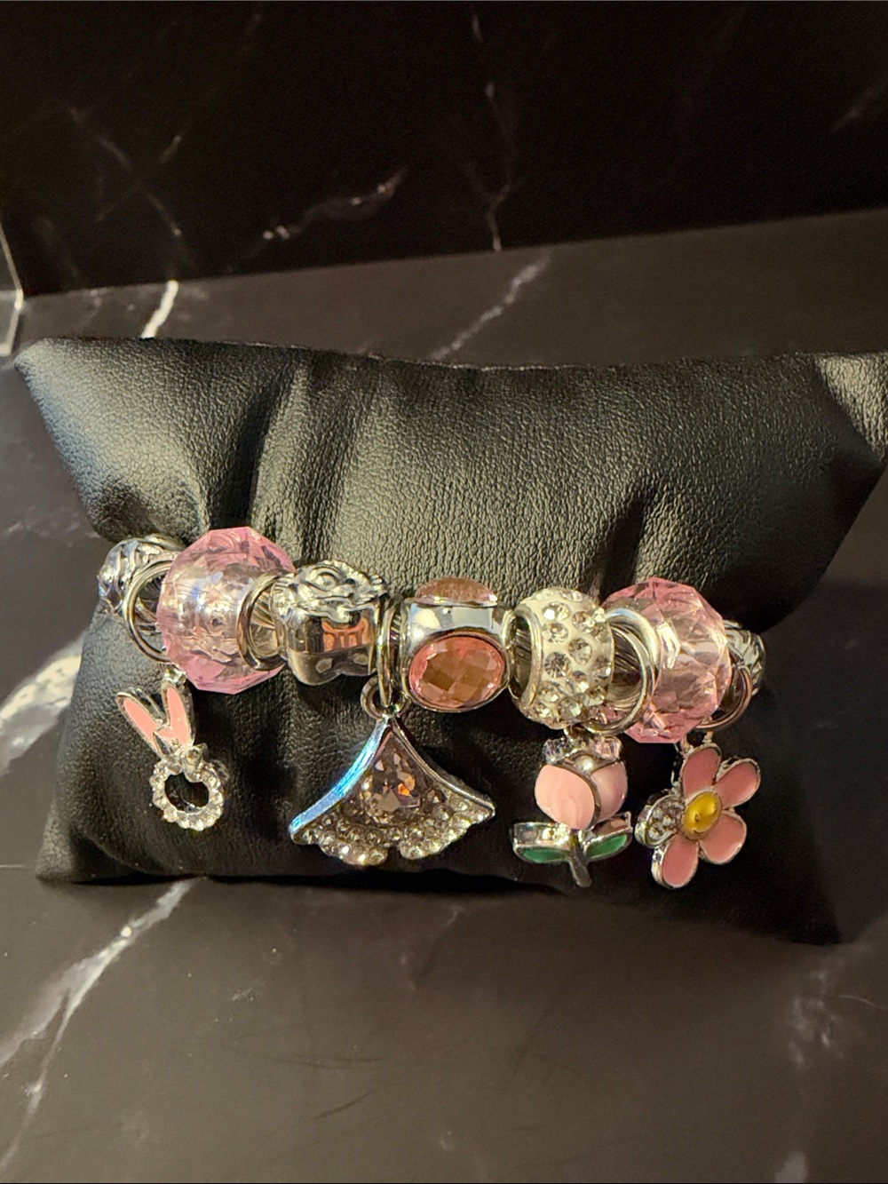 Silver Pink Charm Bracelet with Bunny, Fan, Flower, and Tulip Charms Stainless S
